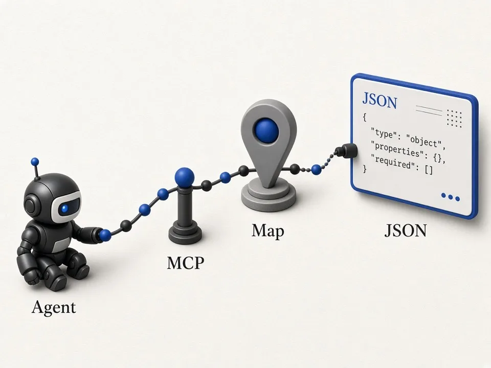Editorial illustration of agent MCP requesting map leads
