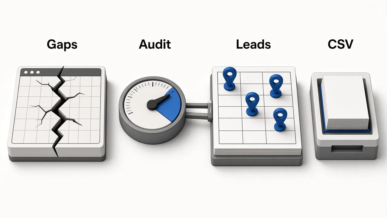 Editorial illustration comparing digital-gap audits to Maps lead CSV export