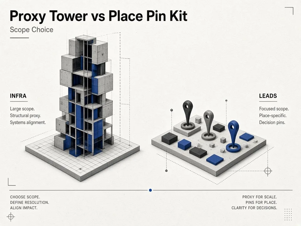 Editorial illustration of proxy infrastructure versus place leads