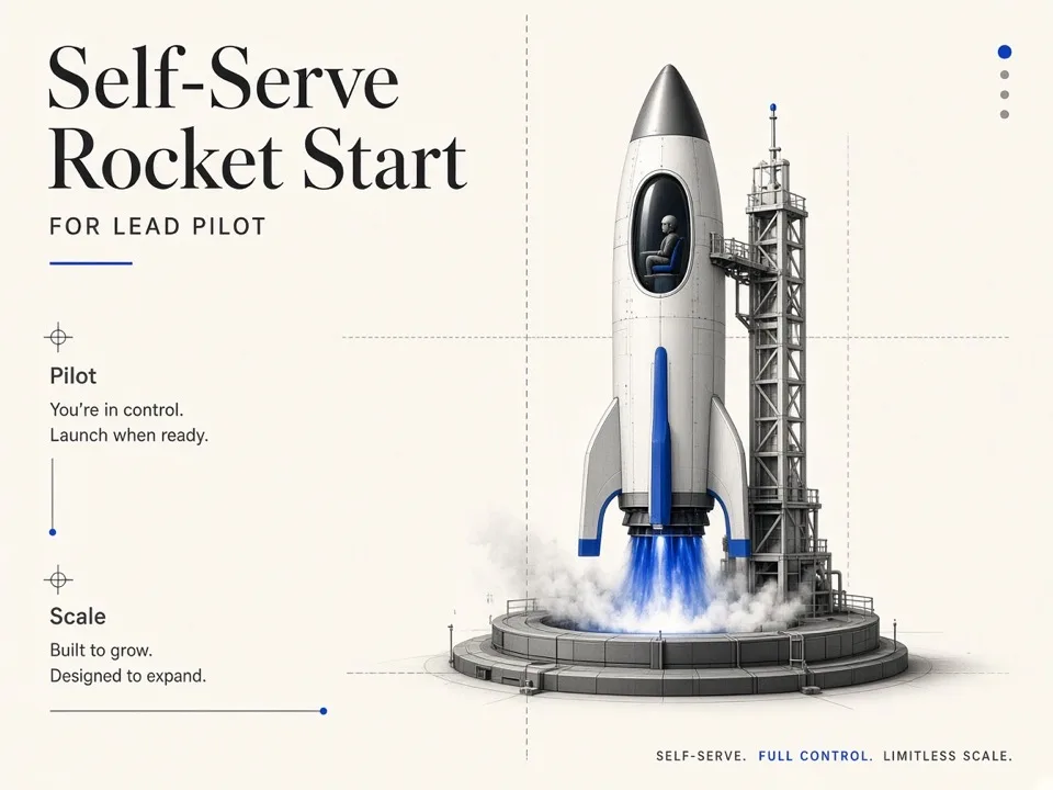 Editorial illustration of self-serve lead pilot workflow