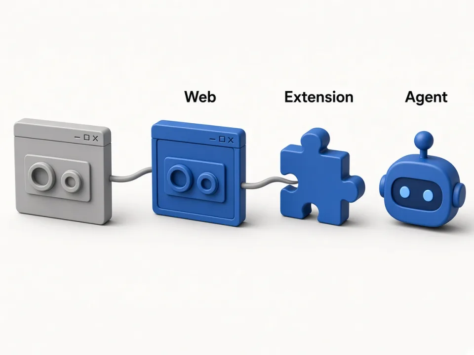 Editorial illustration of web, extension, and agent lead surfaces