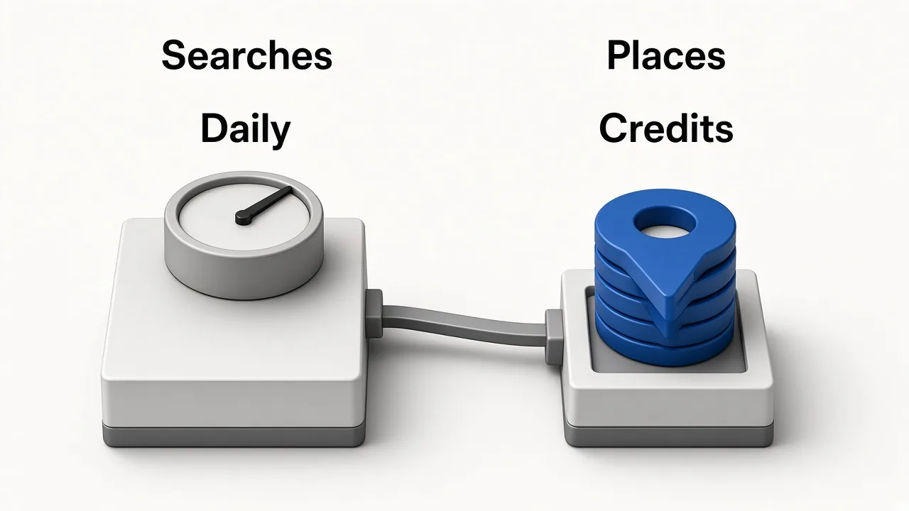 Editorial illustration comparing daily search caps to Maps place credits