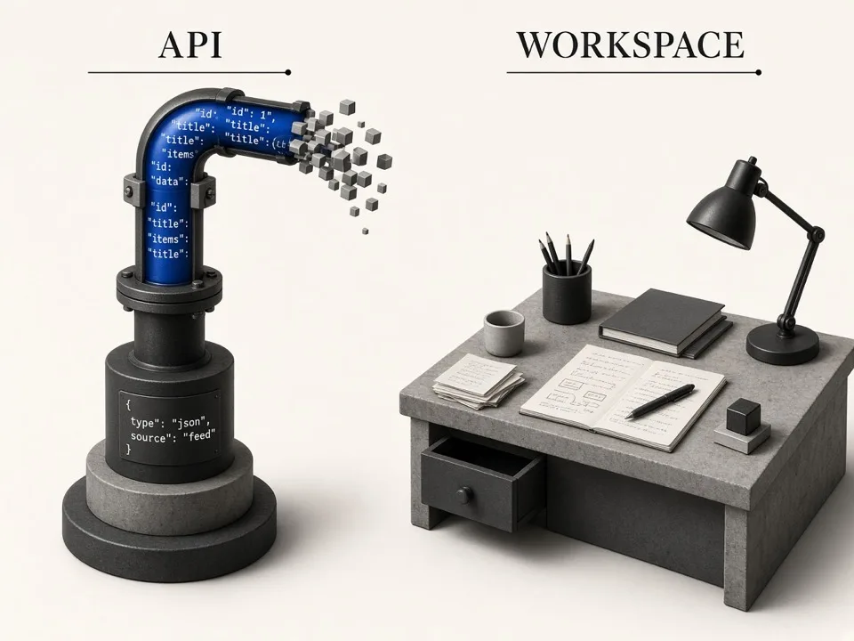 Editorial illustration of API JSON versus lead workspace