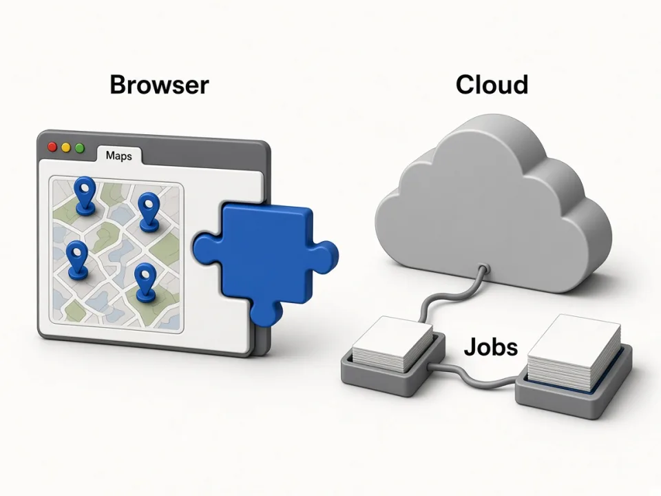 Editorial illustration of browser extension versus cloud keyword jobs
