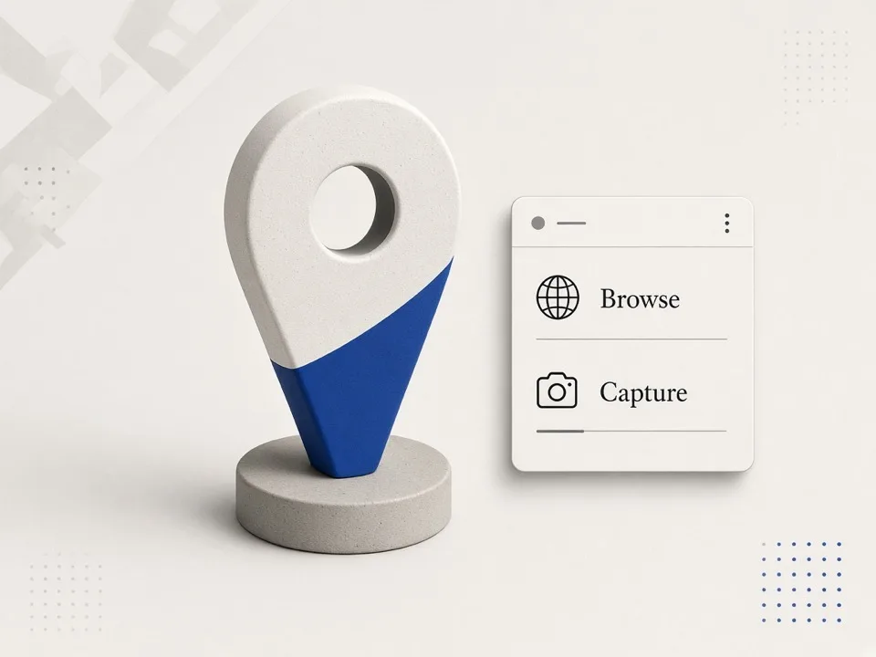 Editorial illustration of browser extension capturing map leads