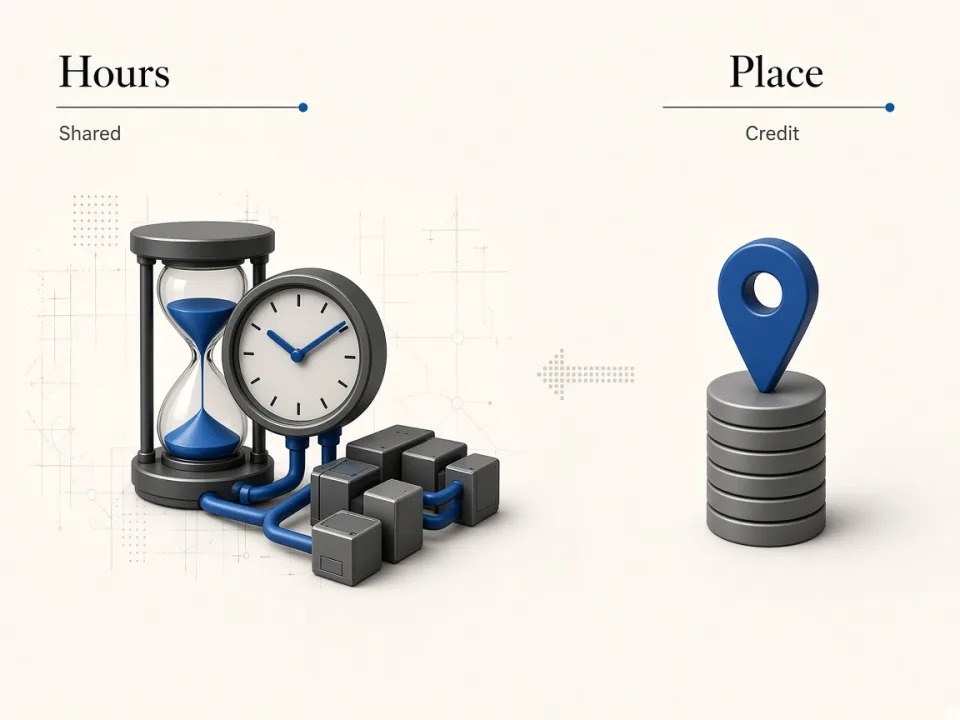 Editorial illustration of shared execution hours versus place credit tokens