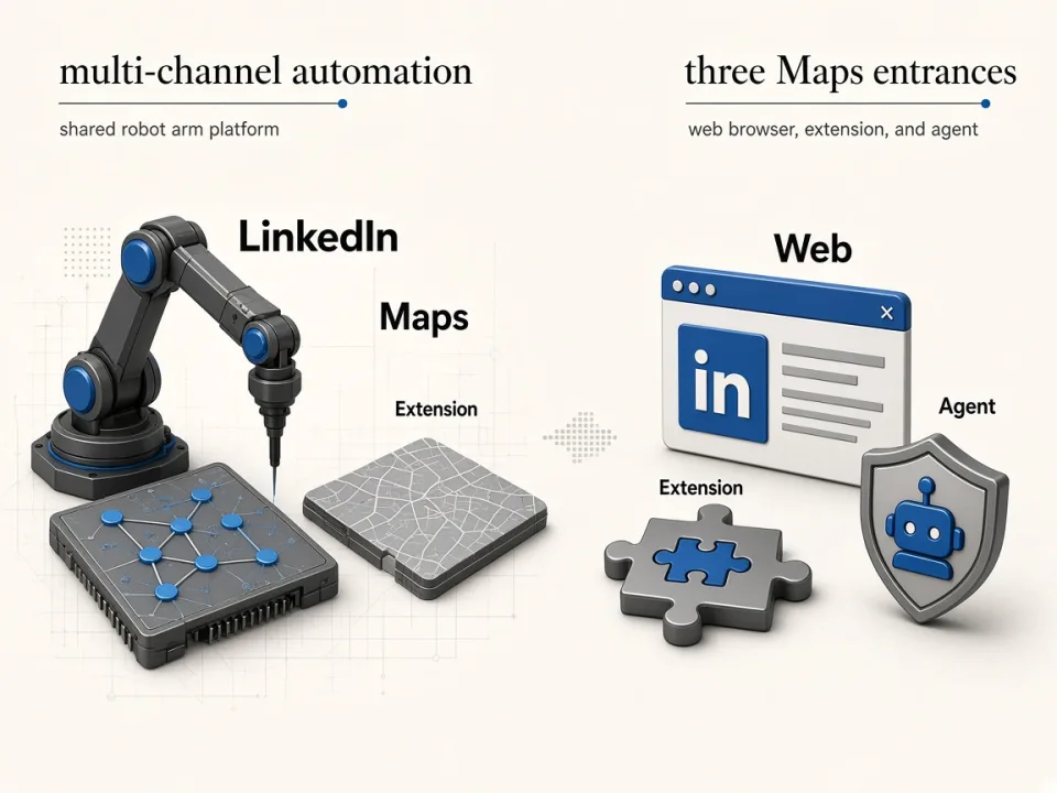 Editorial illustration of multi-channel automation versus Maps web extension agent