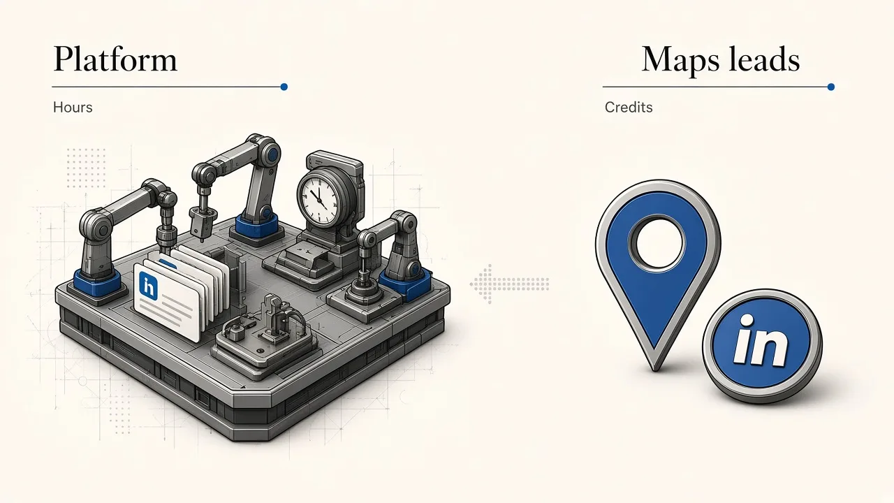 Editorial illustration of sales automation platform versus map lead credits