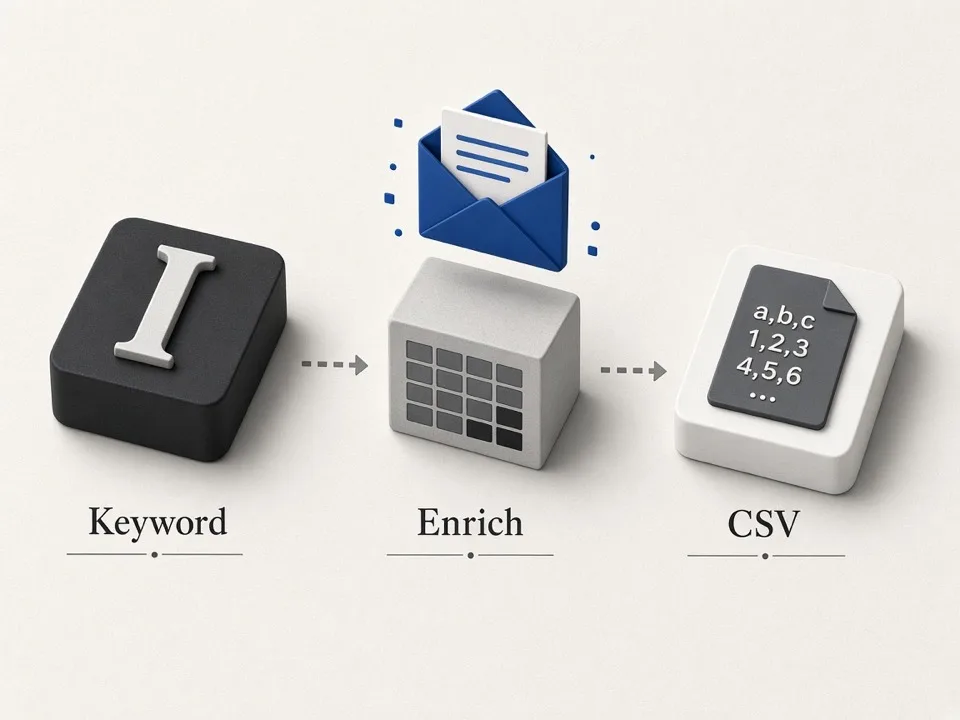 Editorial illustration of keyword to CSV lead workflow
