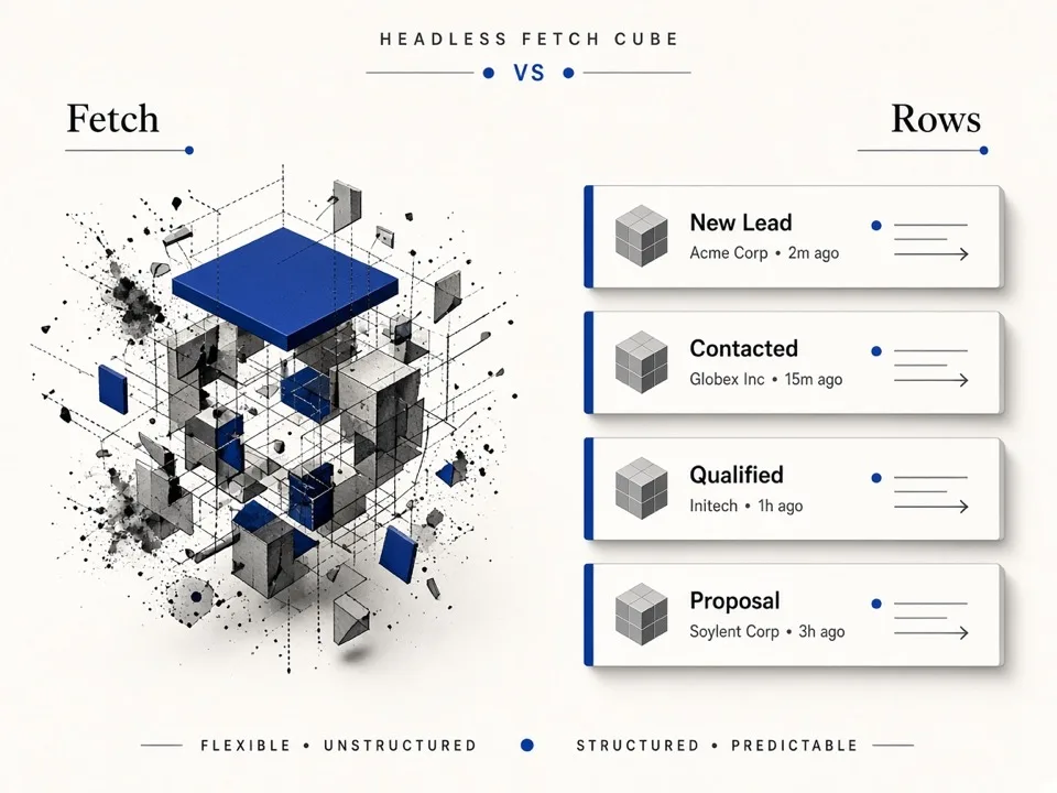 Editorial illustration of headless fetch versus lead rows