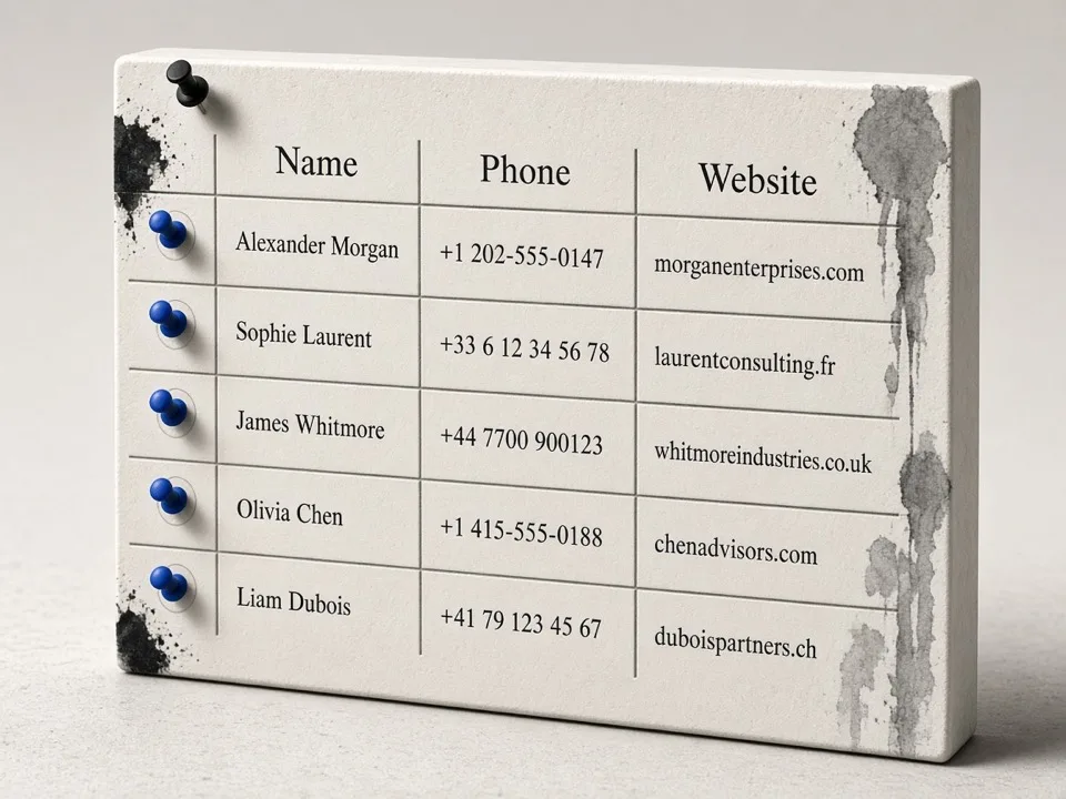 Spreadsheet of Google Maps business leads with phone, website, and contact columns