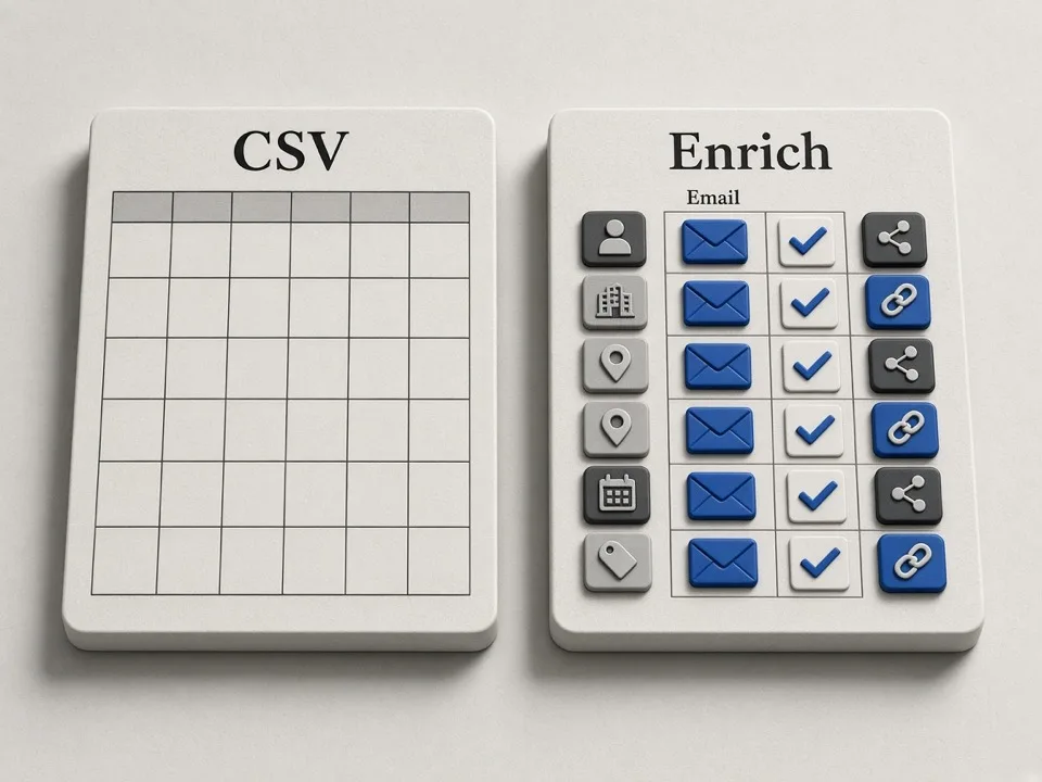 CSV rows enriched with public emails and social profile links