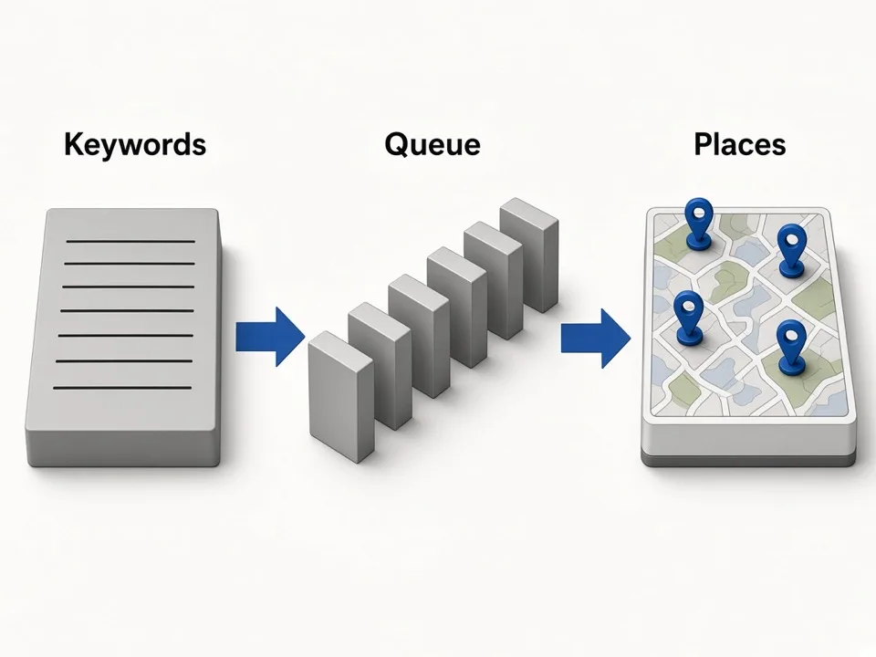 Keyword list flowing into a cloud queue of Google Maps places
