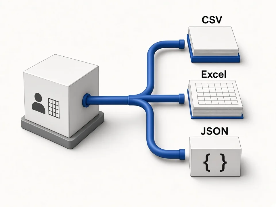 One lead set branching into CSV, Excel, and JSON exports