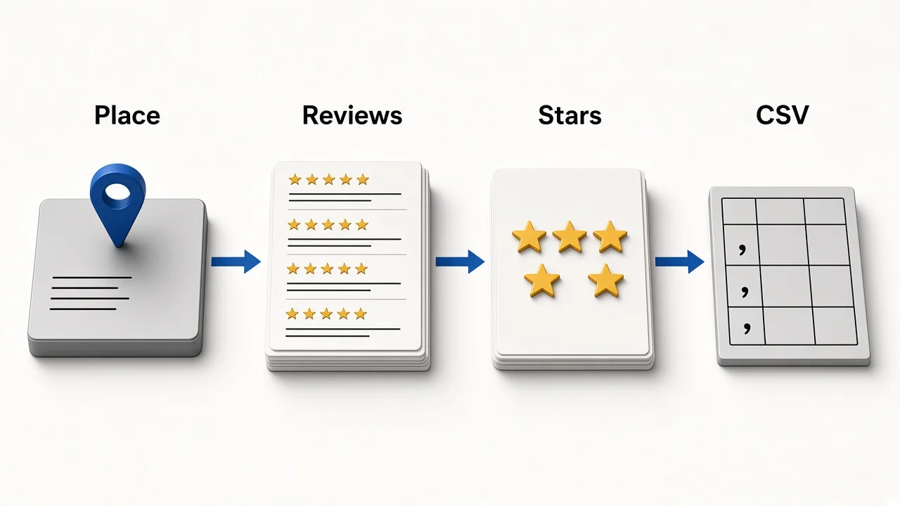 Editorial illustration of Place to Reviews to Stars to CSV