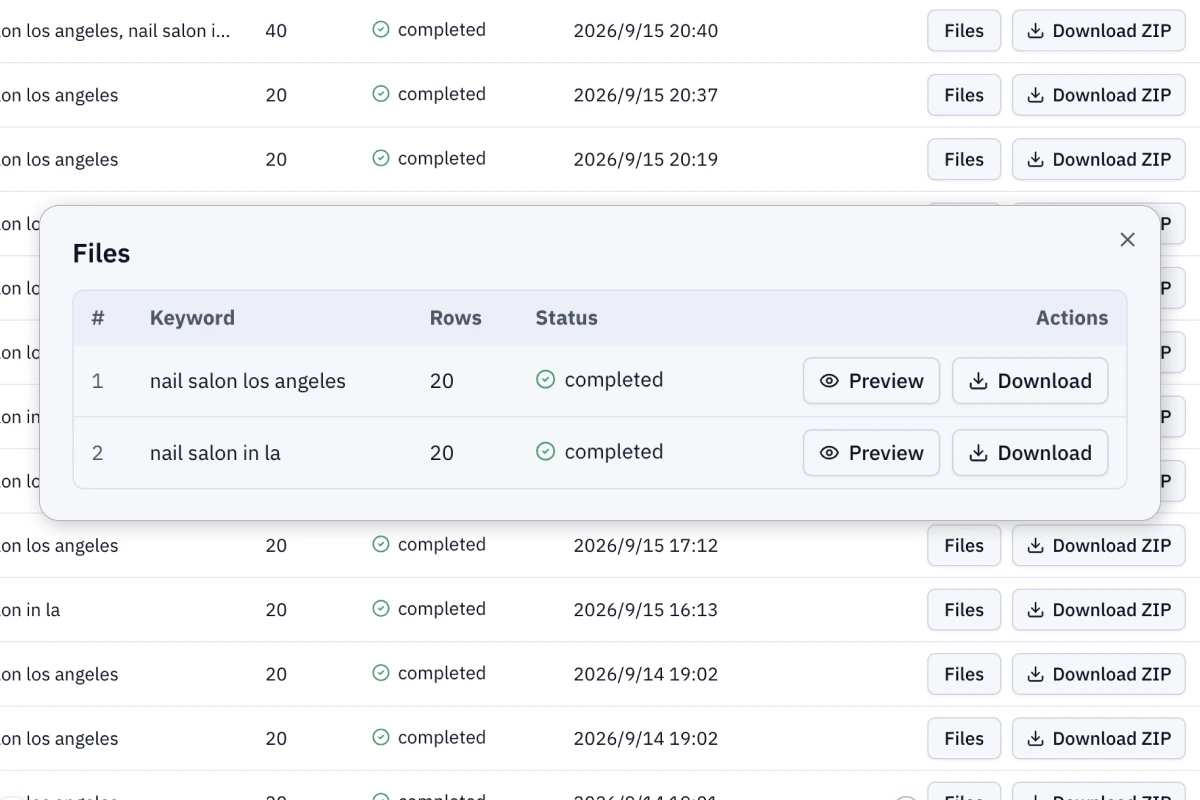 CSV export preview with Name, Phone, and Website columns