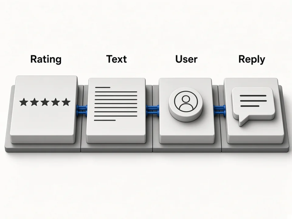Labeled review row fields: rating, text, user, and owner reply