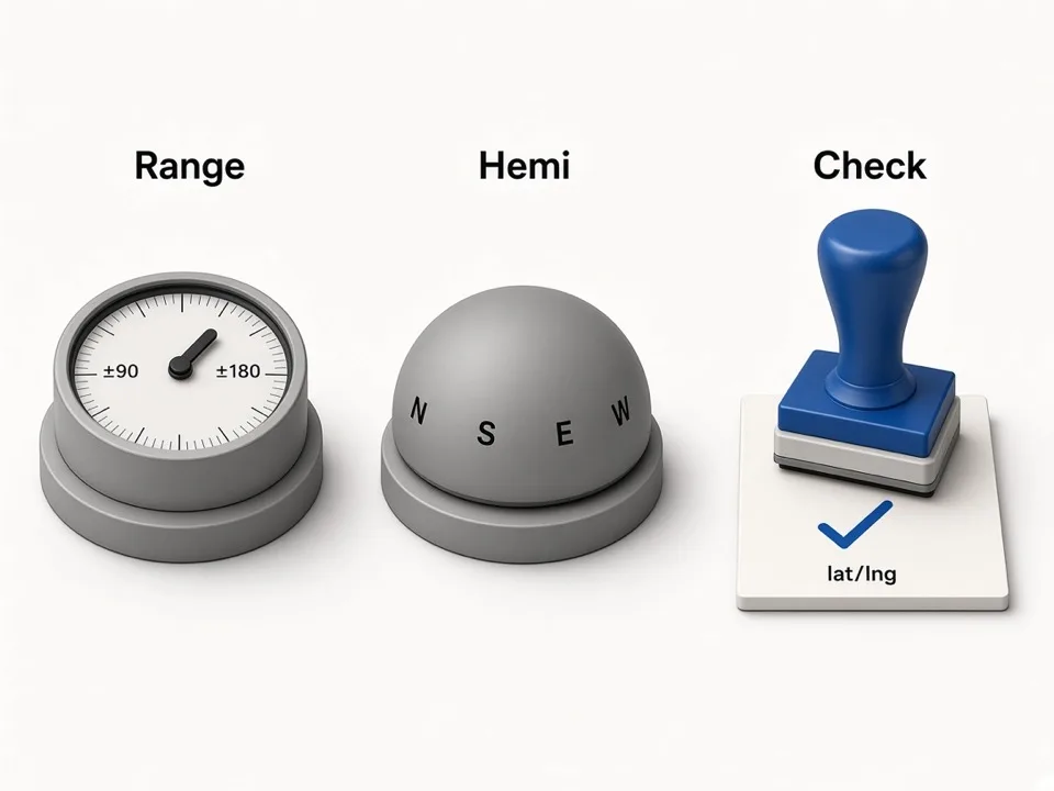 Range checks and format tips for DMS to decimal conversion