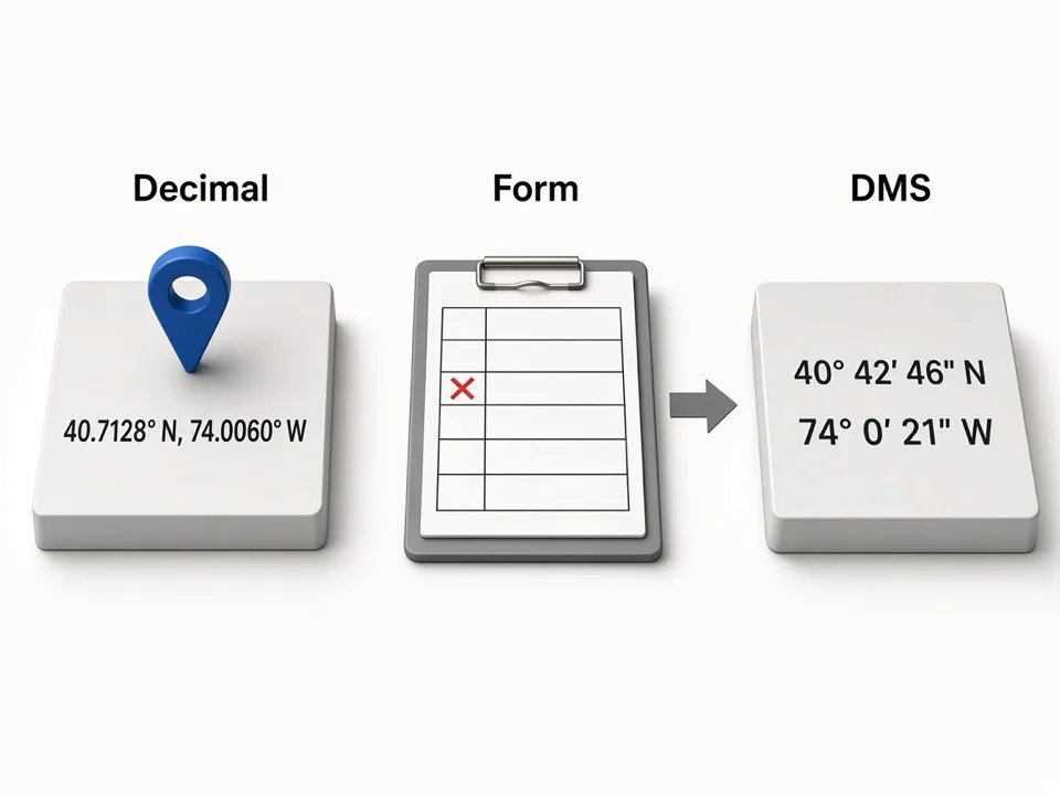 Decimal lat long that must become DMS for surveys and reports
